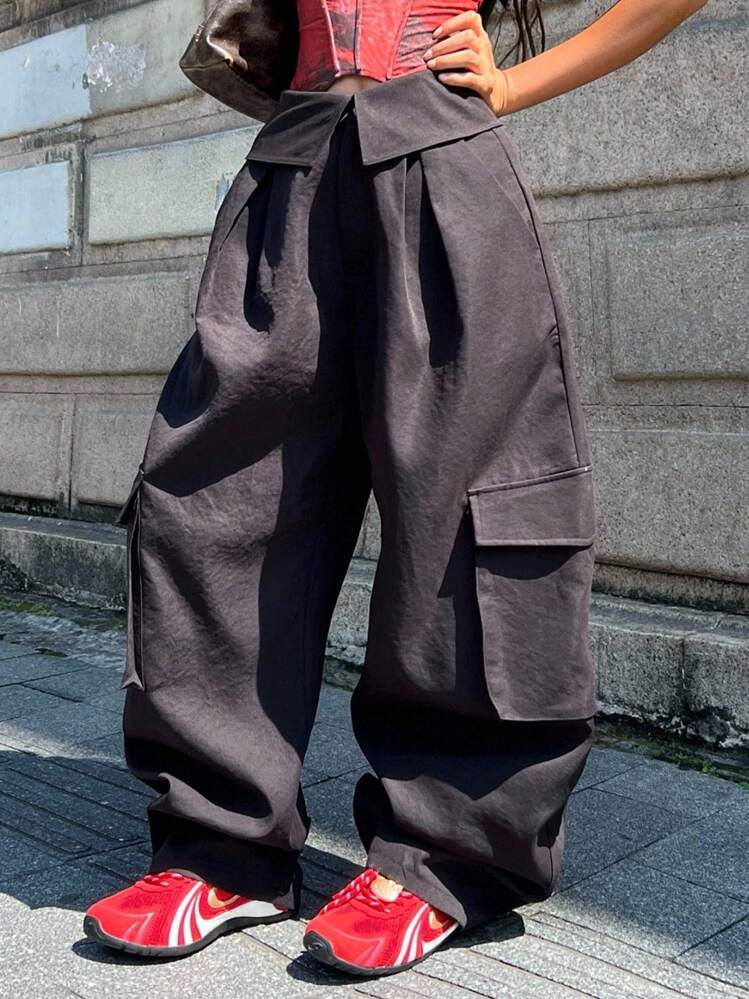 Coolane 女士夏季街头休闲宽松翻领裤装黑色工装裤 - 黑色 - 查看 2