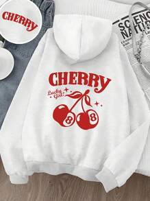 Teen Girl Casual Cherry & Letter Print Hoodie Sweatshirt