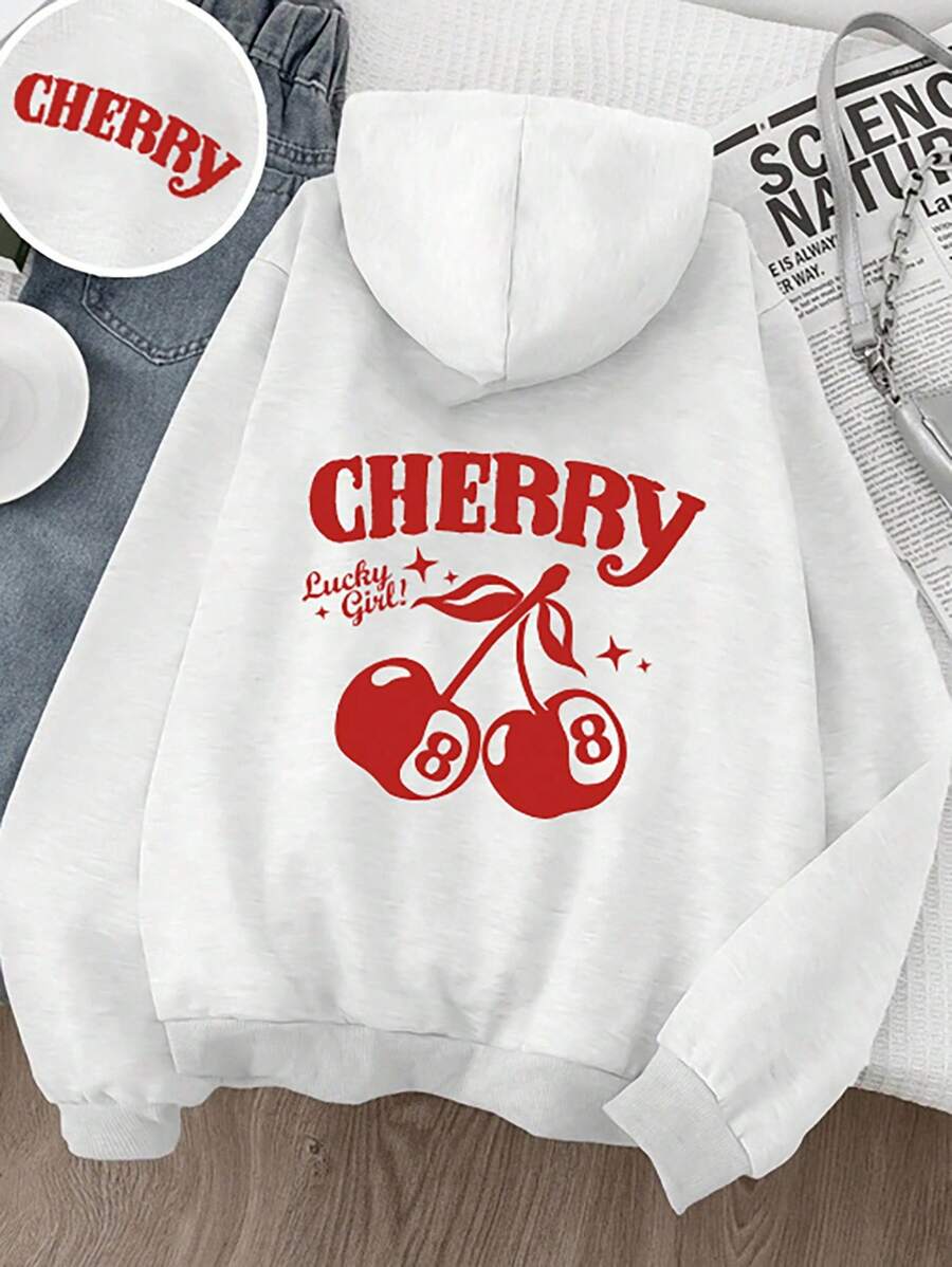 Teen Girl Casual Cherry & Letter Print Hoodie Sweatshirt