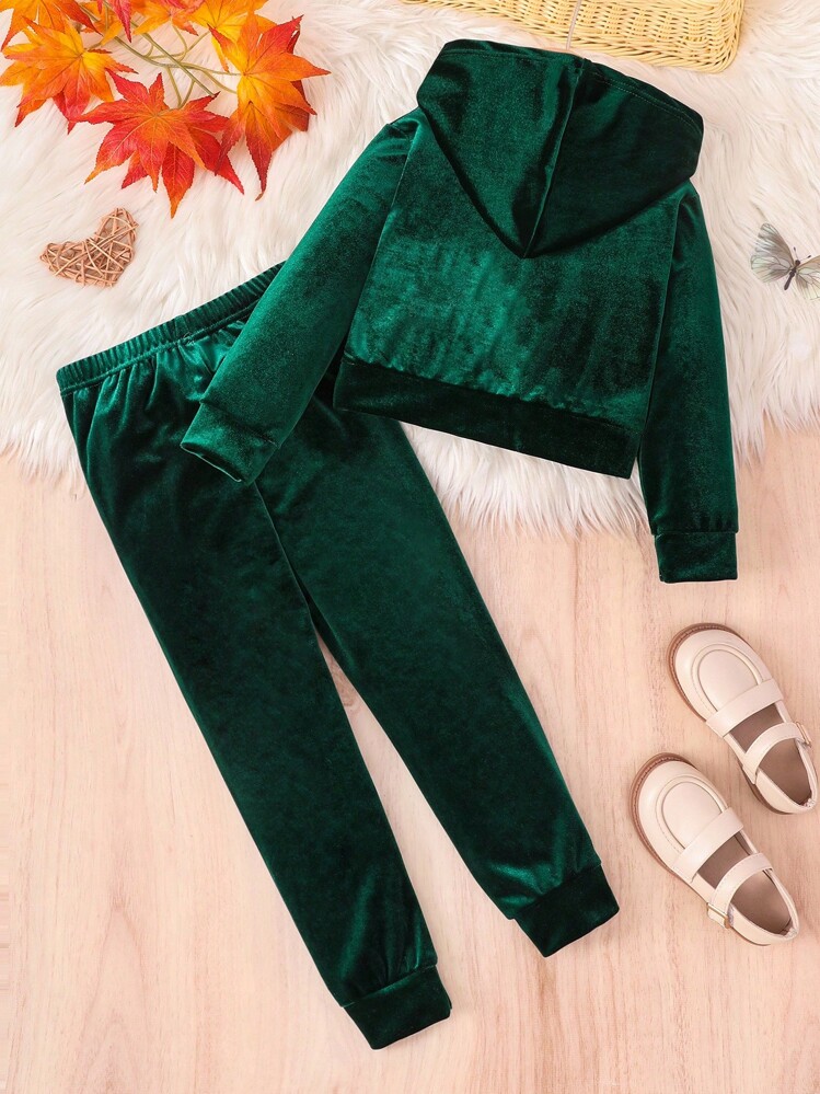 2pcs/Set Young Girl Velour Sweatsuit,Green Hooded Long Sleeve Twist Butterfly Decor Sweatshirt And Pants Outfit,Fall Winter Autumn Clothing School - Green - View 2