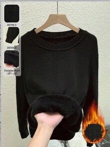 Linhara Suéter de cuello redondo de manga larga y talla grande de unicolor y casual de felpa para mujer - Negro - Ver 1