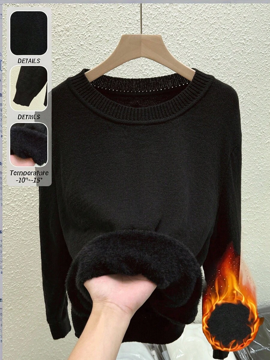 Linhara Suéter de cuello redondo de manga larga y talla grande de unicolor y casual de felpa para mujer - Negro - Ver 1