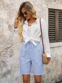 EMERY ROSE 条纹百慕大短裤带侧袋，宽松中腰基本款蓝色条纹短裤女夏季短裤女式休闲短裤女式度假短裤 - 藍色 - 查看 5