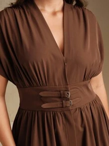 Anewsta Summer Fashion V-Neck Tie Waist Fitted A-Line Peplum Midi Dress - Coffee Brown - View 1