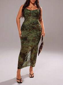 Rustia Plus Size Spaghetti Strap Front Knot Mesh Backless Split Dress - Multicolor - View 4