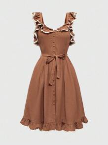 ROMWE Fairycore Váy midi họa tiết bèo nhún màu bí ngô, chất liệu vải lanh phong cách mộc mạc, phù hợp cho lễ Halloween, mùa thu - màu nâu - Xem 1