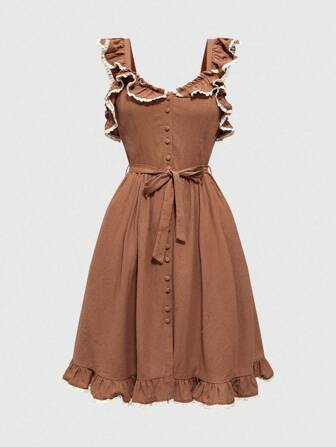 Fairycore Pumpkin Color Ruffle Detail Midi Dress, Rustic Style Linen, Suitable For Halloween, Autumn