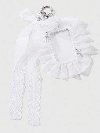 Kawaii 1 pieza Soporte para tarjetas con decoración de lazo de encaje, malla y cristal de estilo minimalista, versátil y elegante, adecuado para trabajadores de oficina, estudiantes, uso diario y regalo de vacaciones