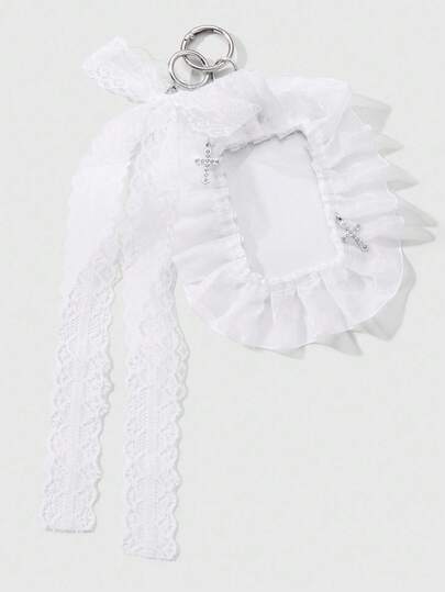 Kawaii 1 pieza Soporte para tarjetas con decoración de lazo de encaje, malla y cristal de estilo minimalista, versátil y elegante, adecuado para trabajadores de oficina, estudiantes, uso diario y regalo de vacaciones