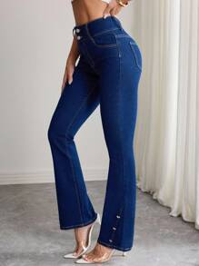 Elenzga Quần ống loe denim cài nút dành cho nữ - Rửa tối - Xem 3