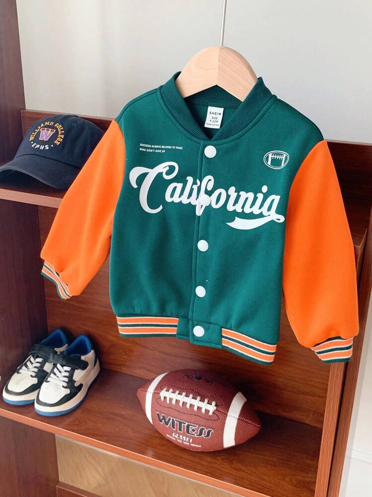 SHEIN Baby Boys Casual Sports Cute Versatile Thermal Lined Orange/Green Baseball Jacket, Thick Jacket For Autumn/Winter Baby Boy Winter Clothes, Baby Winter Clothes, Unisex Baby Clothes, Zip-Up Jacket, Kids Jacket, Halloween Costume, Baby Halloween Costume - Multicolor - View 8