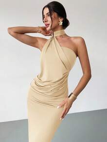 Firerie 女式摩卡棕色不对称喇叭袖宽松连衣裙，时尚长裙，春夏服装，适合通勤、优雅、性感、度假、海滩、波西米亚、夏威夷、音乐节、派对、工作装 - 卡其色 - 查看 6