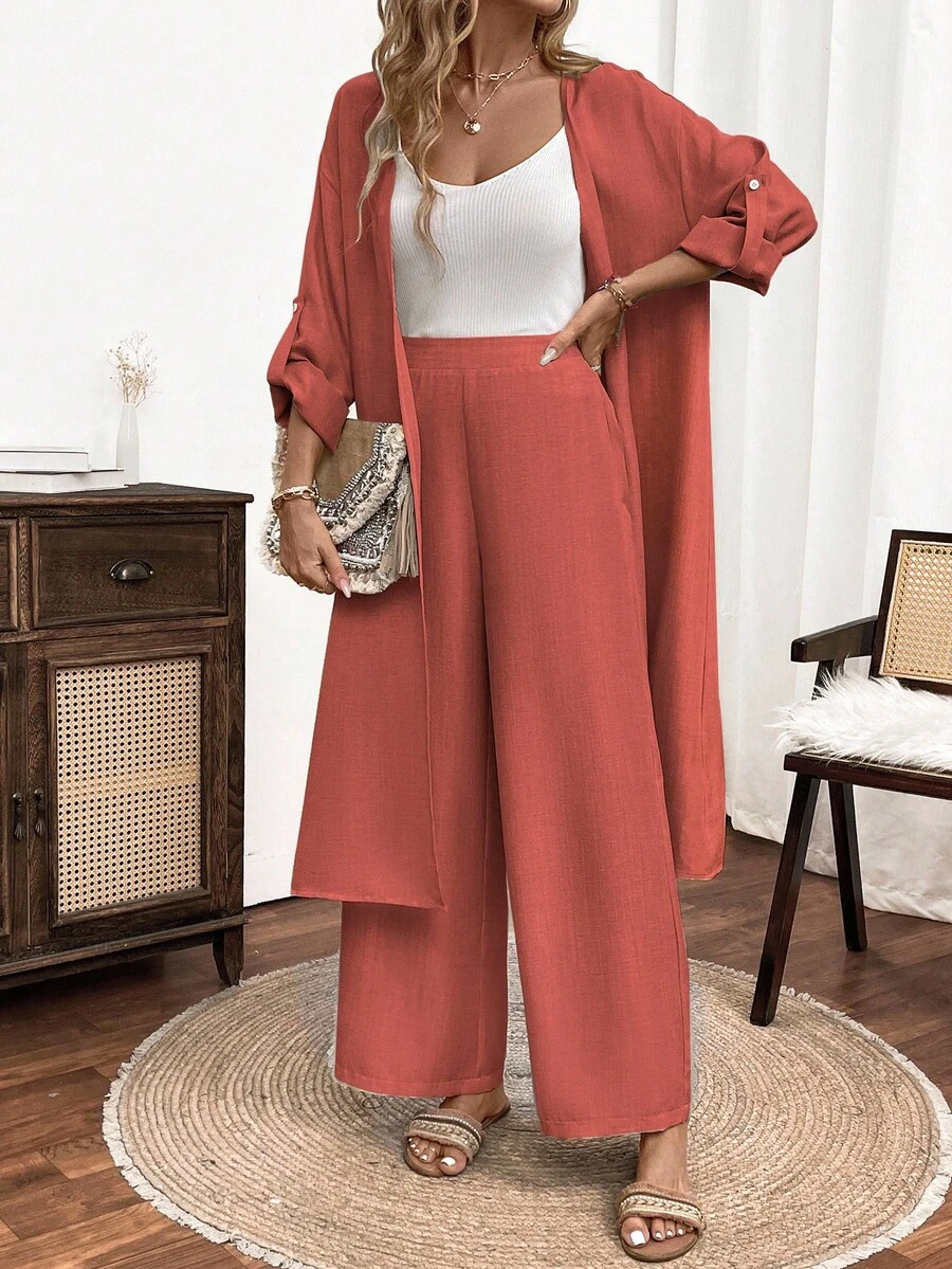 SHEIN JORESS 2件套女士纯色长袖上衣和阔腿裤套装 - 珊瑚橙 - 查看 1