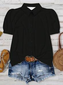 EMERY ROSE 大码休闲黑色泡泡袖衬衫，夏季，适合复活节、波西米亚风、文艺复兴博览会、婚礼嘉宾、母亲节、简约时尚度假