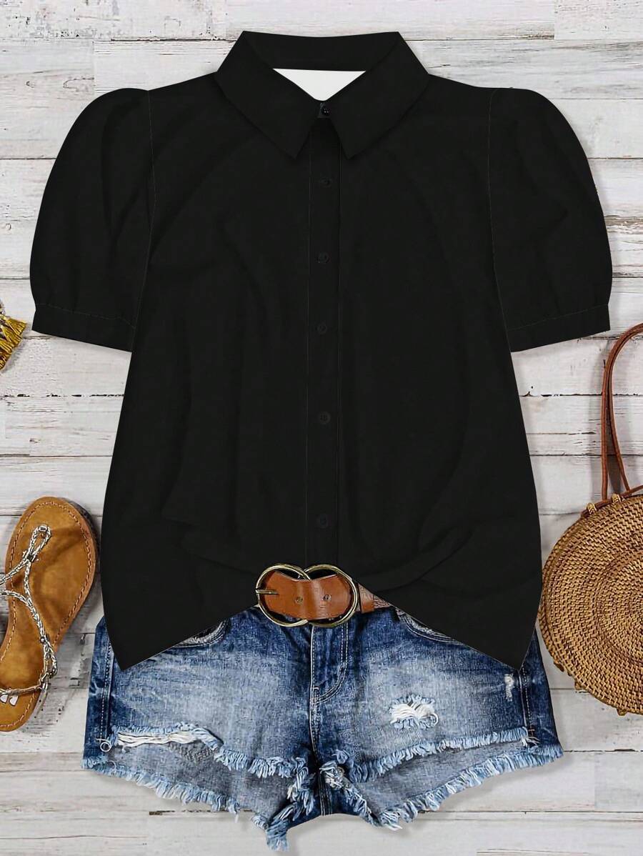 EMERY ROSE 大码休闲黑色泡泡袖衬衫，夏季，适合复活节、波西米亚风、文艺复兴博览会、婚礼嘉宾、母亲节、简约时尚度假