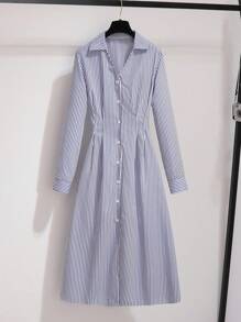 Franclia Cross V-Neck Pleated Button Striped Dress For Women All White Casual Outfits Spring Fall Cloth For Women - Blue - View 9