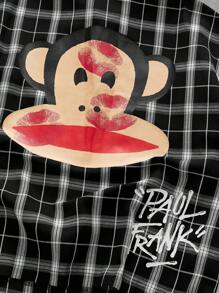 ROMWE MEN Paul Frank X ROMWE Áo sơ mi nam tay ngắn họa tiết kẻ caro và chữ cài nút phía trước mùa hè - Nhiều màu - Xem 6