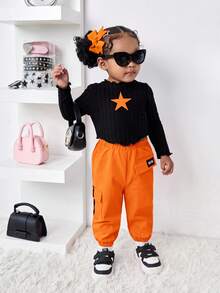 Bubblio Babygirl Cute Black Star Pattern Long Sleeve Top With Elastic Waist Orange Pants 2-Piece Set, Fashionable Outfit For Outings, Autumn/Winter Toddler Orange Outfit Baby 70s Outfit Groovy Toddler Outfit Toddler Black Top Orange Pants Baby Girl Outfits Fall - Multicolor - View 9
