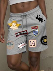 Rovax Plus Size Women Printed Tie-Waist Simple Daily Shorts, Graphic Gym Shorts, Summer - Grey - View 1