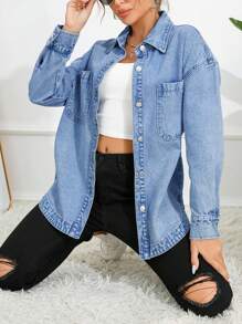 Selenza 女式落肩长袖单排扣口袋休闲牛仔衬衫 - 中等水洗藍 - 查看 1