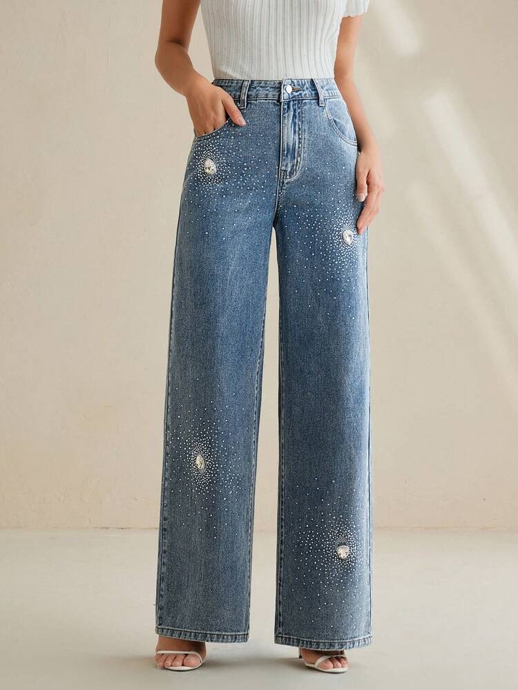Fashionable Women's Rhinestone Pocket Casual Wide-Leg Jeans