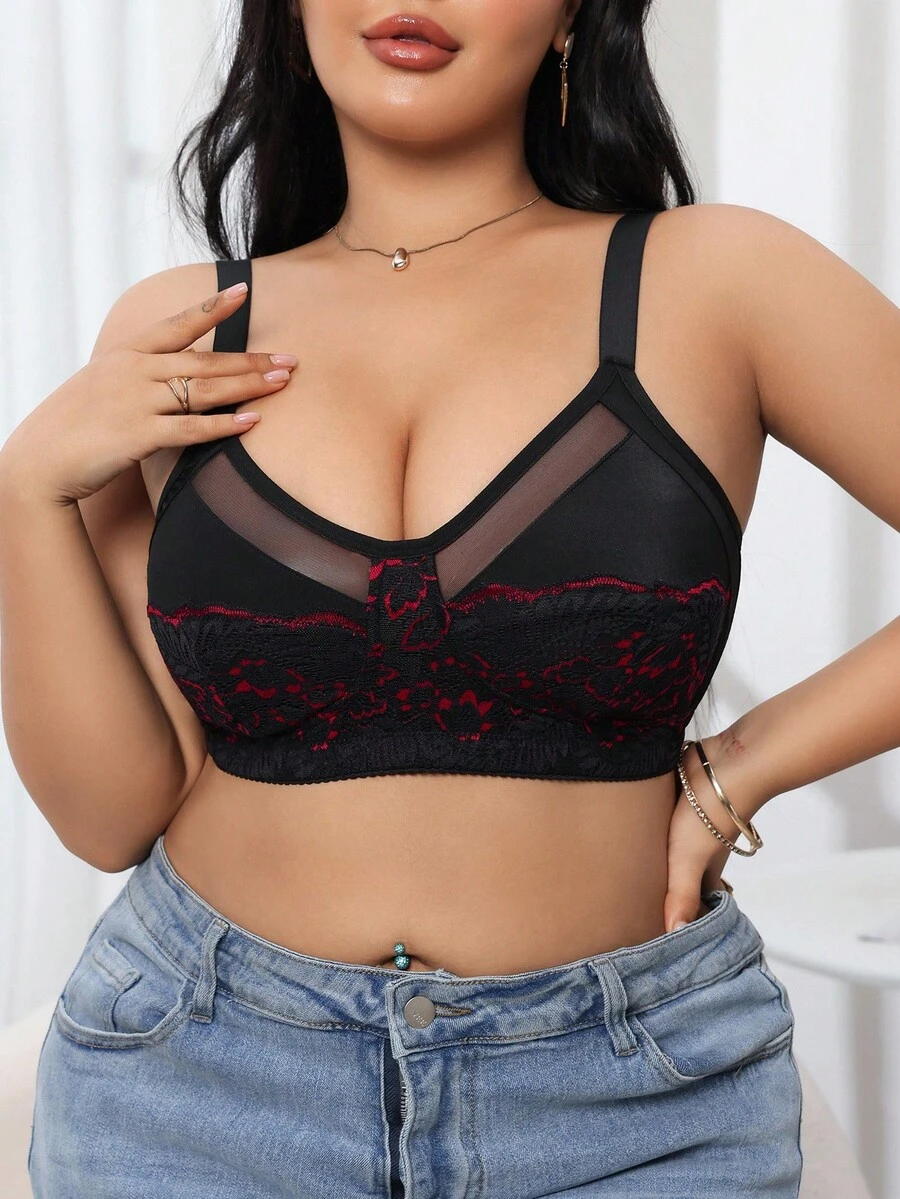 SHEIN Plus Size Floral Applique Mesh Patchwork Sexy Camisole Bra - Multicolor - View 1