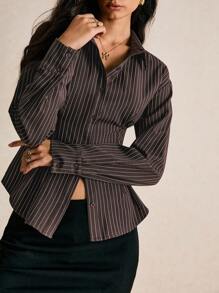 Poéselle 女士衬衫，后腰系带，纽扣闭合，棕色条纹衬衫，长袖休闲衬衫，女士休闲通勤条纹束腰长袖纽扣衬衫，秋季上衣，女士秋季服装，女士冬季服装，女士冬季外出上衣，Y2K复古风，女士纽扣衬衫，女士基础款上衣，教师衬衫 - 棕色 - 查看 7