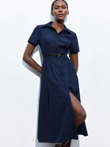 Maija 2025 Autumn Navy Blue Elegant Office Dress,Collared Single-Breasted Button Front Pleated Waist Design With Leather Metal Belt Adjustable Slim Dress - Navy Blue - View 2
