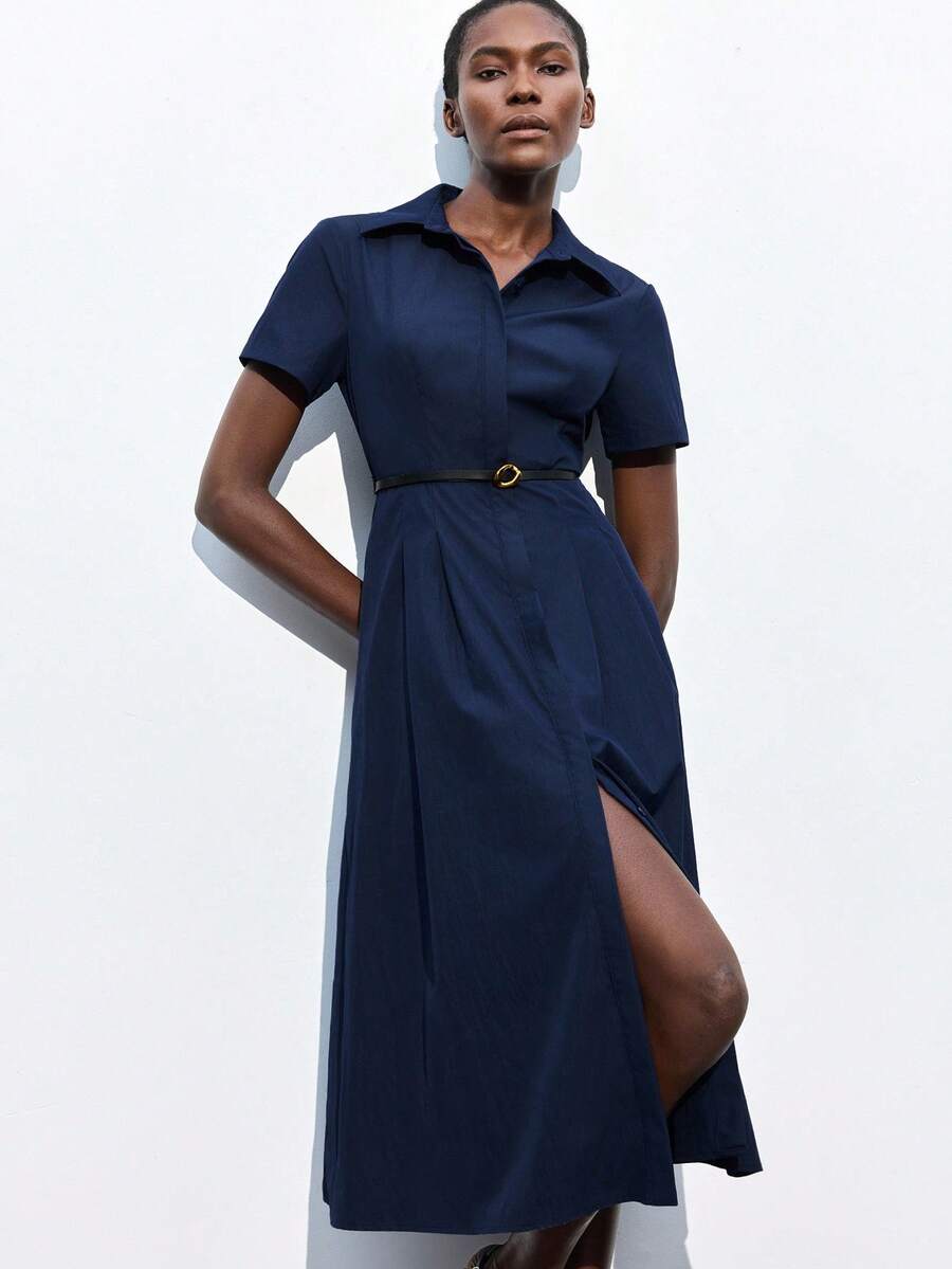 Maija 2025 Autumn Navy Blue Elegant Office Dress,Collared Single-Breasted Button Front Pleated Waist Design With Leather Metal Belt Adjustable Slim Dress