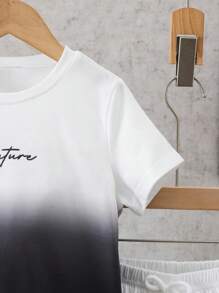 Young Boy Round Neck Regular Shoulder Short Sleeve Ombre T-Shirt And Shorts Set, Casual Summer Outfit - Black - View 3