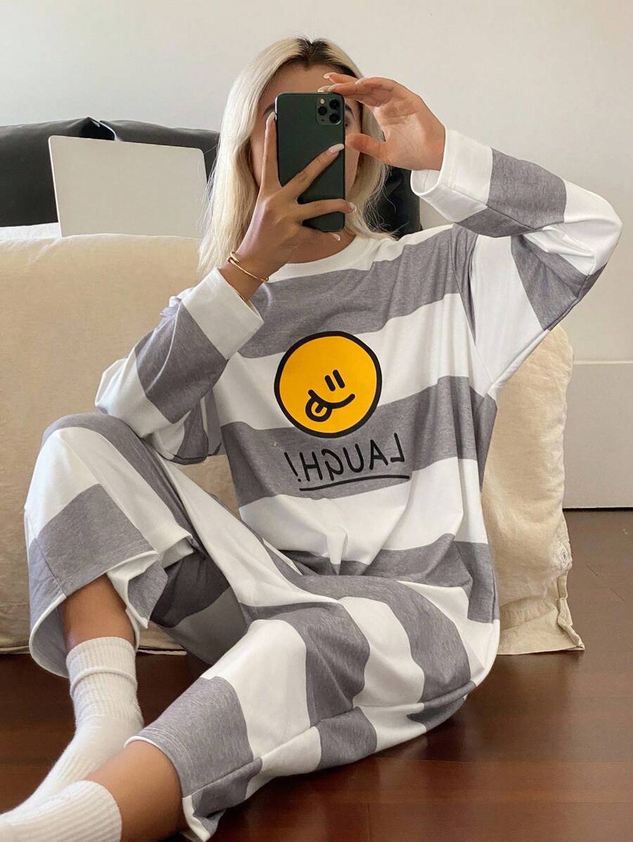 DAZY 英文卡通印花条纹宽松长袖睡衣连体裤，秋冬款 - 灰色 - 查看 1