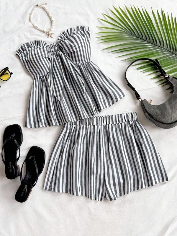 Soleia 2 件套女士条纹印花荷叶边系带吊带背心上衣和休闲短裤套装，度假海滩夏季装海滩 2 件套女士短套装度假两件套女士夏季
