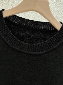 Linhara Suéter de cuello redondo de manga larga y talla grande de unicolor y casual de felpa para mujer - Negro - Ver 3