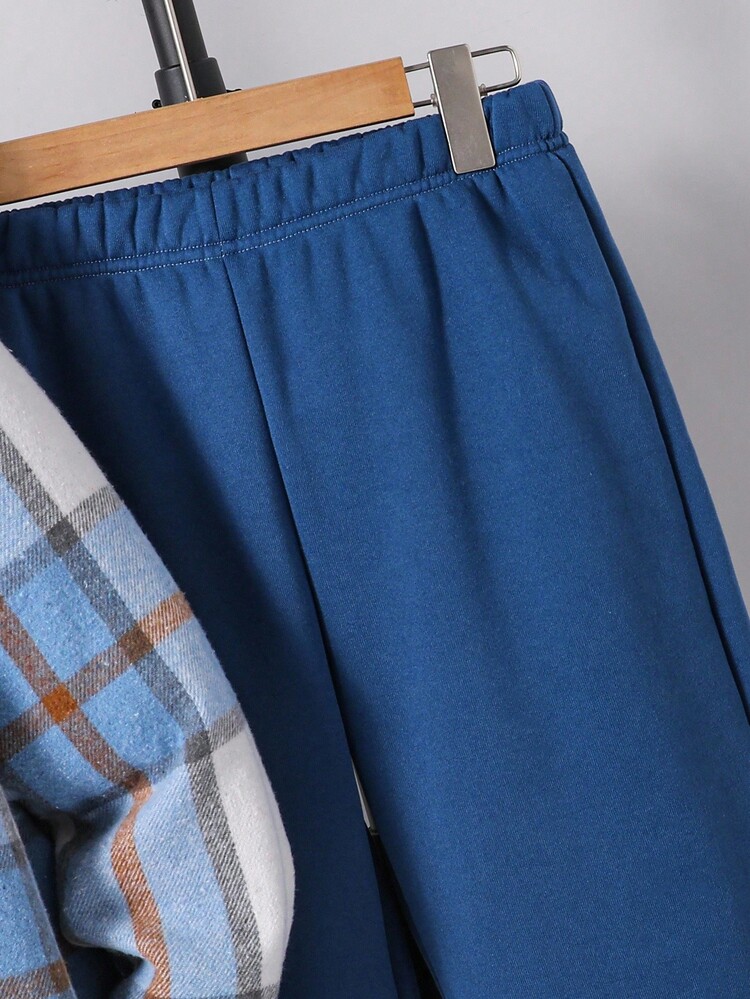 男童休闲格子拼接连帽衬衫套装，适合秋冬季上学和休闲穿着。 - 藍色 - 查看 3