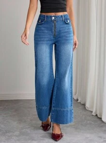 Elenzga Women's Casual Washed Wide Leg Jeans - Blue - View 4