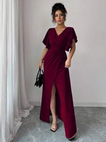 Elenzga Ruffled Sleeve V-Neck Waist Fitted Mermaid Hem Elegant Romantic Women Dress