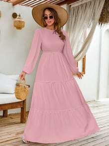 SHEIN Cottnline LANTERN LONG SLEEVE LAYERED LONG DRESS - Berwarna merah muda - View 6
