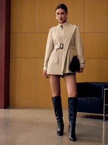 MOTF PREMIUM 立领系腰带风衣 - 卡其色 - 查看 6