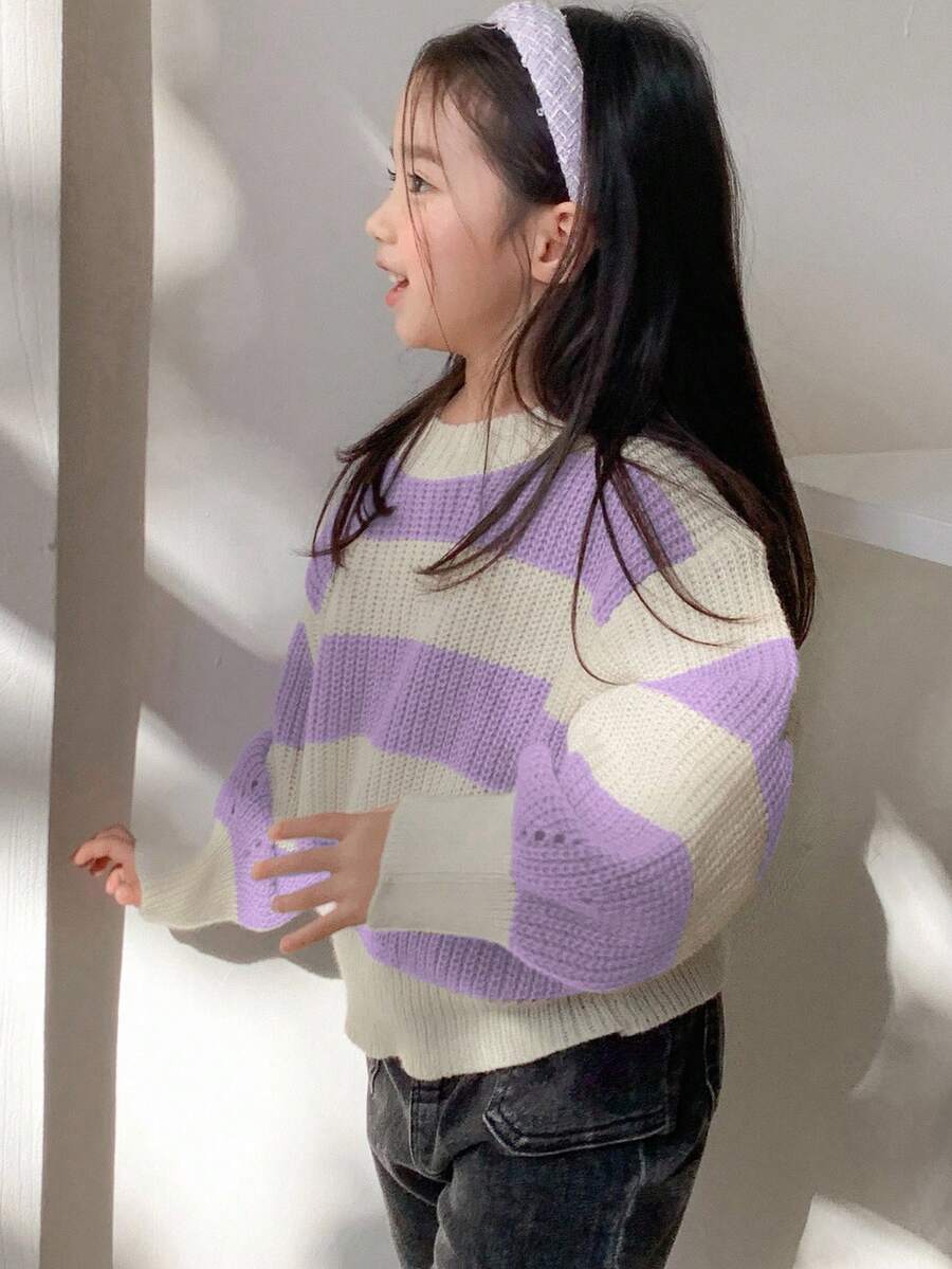 DAZY Young Girl Casual Daily Colorblock Striped Oversized Sweater, Autumn/Winter - Purple - View 1