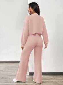 SHEIN EZwear 秋冬女装休闲纯色长袖针织开衫两件套，秋季针织两件套2件套休闲套装女 - 藕粉色 - 查看 2