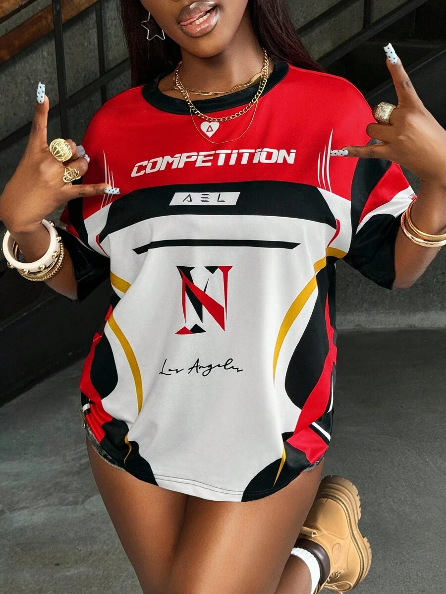 Rovax Maglietta da donna a maniche corte con scollo rotondo, tinta unita e dettagli a contrasto, maglietta da corsa fresca, maglietta per gare automobilistiche - Multicolore - Visualizzare 1