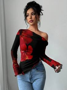 Firerie 休闲度假风格性感红黑撞色热带花卉印花不对称下摆喇叭袖露肩弹力 T 恤，适合夏季度假、露肩上衣秋装、秋季上衣 - 彩色 - 查看 3