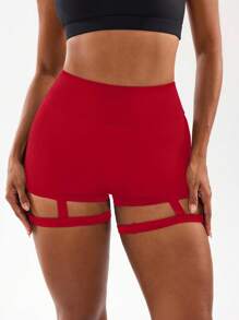 Easithlete 女士时尚性感瑜伽紧身镂空吊带设计运动健身短裤红色氨纶短裤女款红色短裤红色舞蹈短裤吊袜短裤红色骑行短裤钢管舞短裤女款红色短裤大腿镂空短裤 - 紅色 - 查看 2