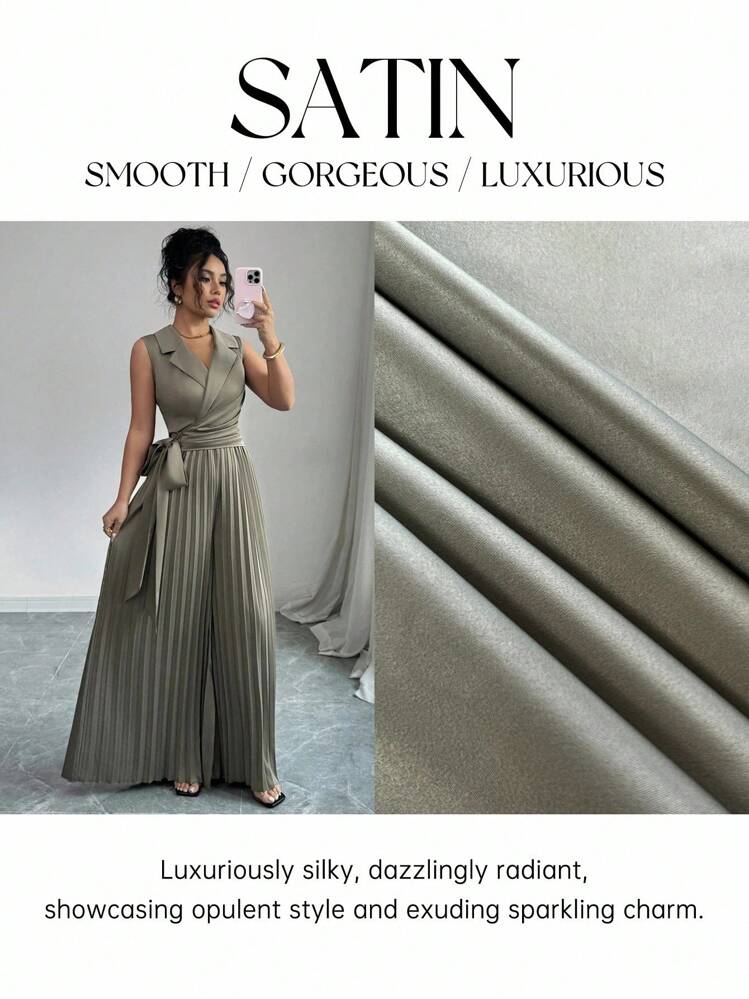 Elenzga Mono largo de mujer con cuello en V verde oliva, cintura ceñida y detalles recogidos - Verde Oliva - Añade 8