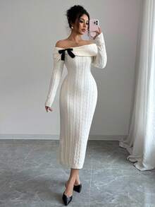 简约休闲蝴蝶结针织连衣裙，优雅气质，春夏女士 - 杏色 - 查看 3