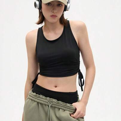 여성 솔리드 컬러 끈 디자인 크롭 피트니스 탱크 탑, 일상적인 운동에 적합