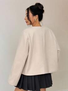 SHEIN PETITE Woolen Round Collar Short Coat Suitable For Autumn And Winter Cropped Blazer - Beige - View 3