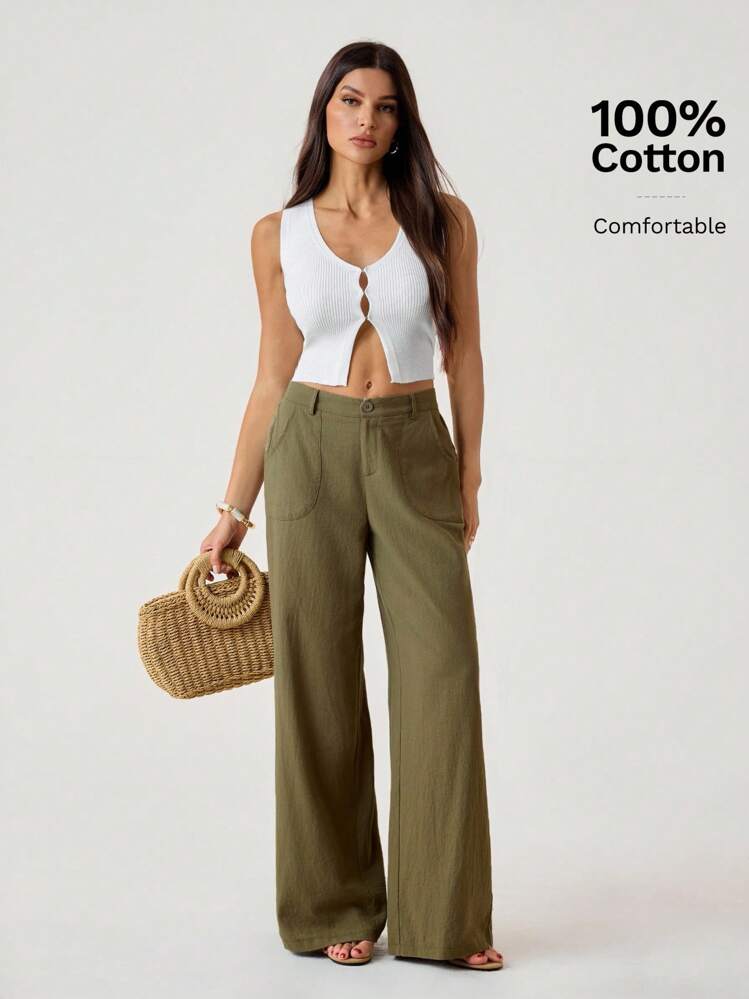 SHEIN Tall 100% 水洗纯棉低腰直筒裤 - 軍綠色 - 查看 6