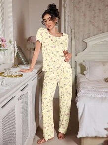 FloralLove 浪漫花卉蝴蝶结装饰印花针织女式花卉睡衣套装 女式花卉睡衣套装 女式睡衣套装 女式睡衣套装 女式花卉睡衣套装 女式睡衣套装 女式花卉睡衣套装 - 黃色 - 查看 4