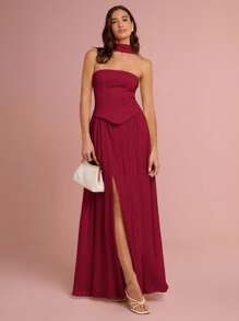 Enchnt Women's Solid Color Minimalist Casual Split Hem Dress,Wedding Guest Dress - Burgundy - View 3